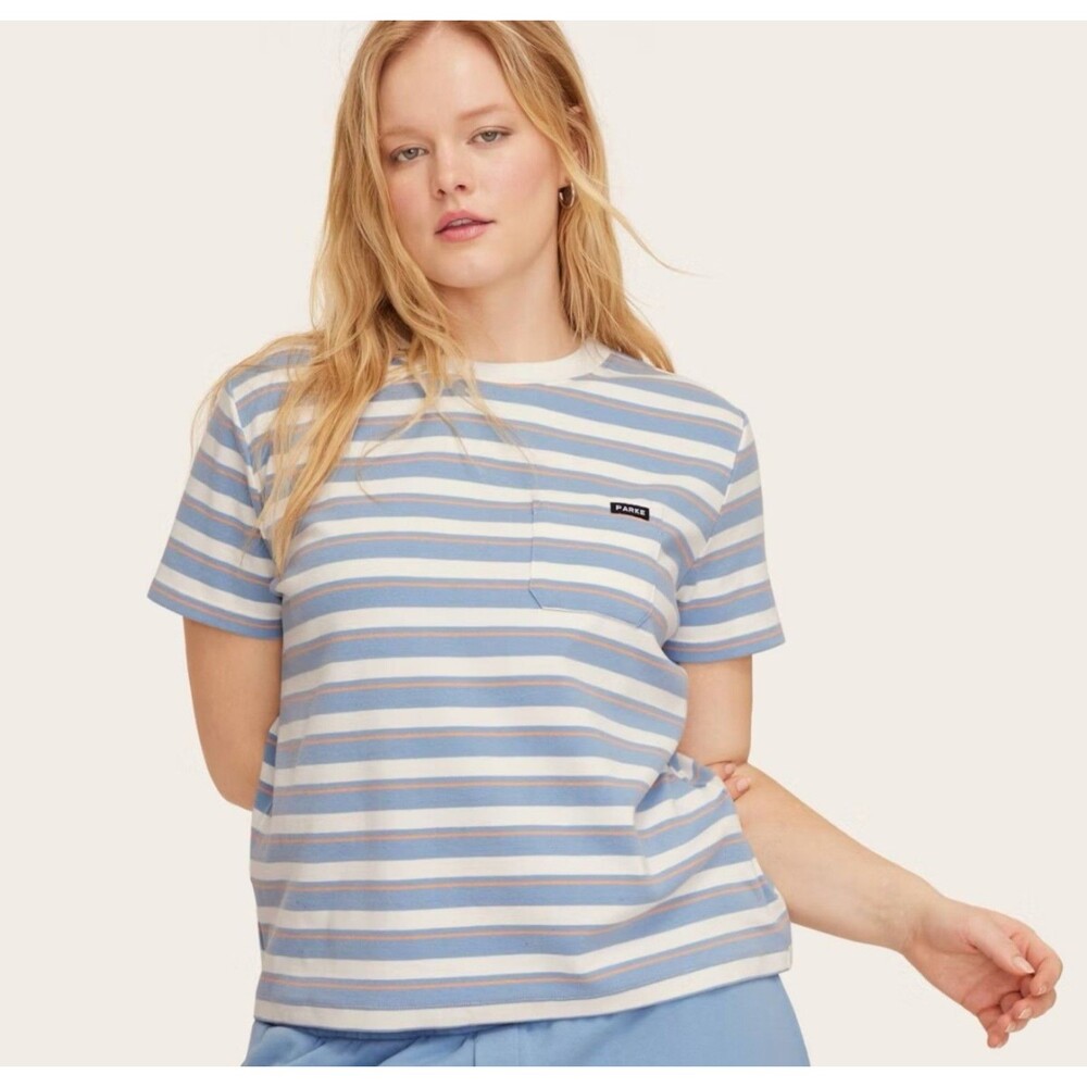 Women's Parke Target Short Sleeve Crewneck Pocket T-shirt Blue Orange Stripe 1X